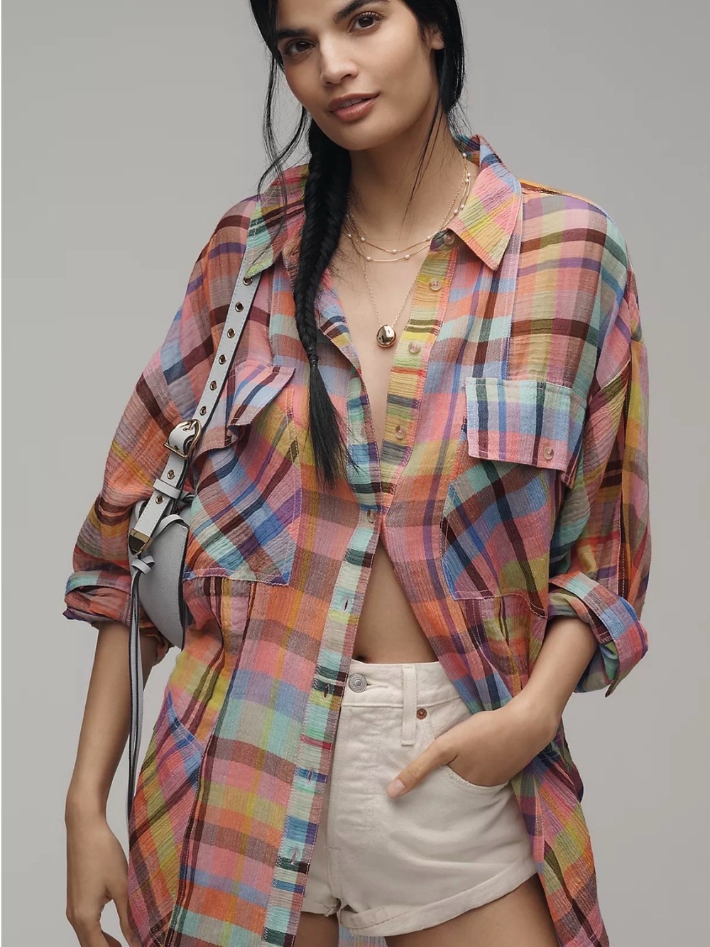 Pilcro Long-Sleeve Mixed Madras Plaid Oversized Buttondown Shirt Medium